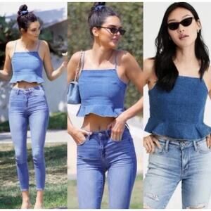 American Eagle Large Denim Ruffle Trim Sleeveless Smocked Back Crop Peplum Top